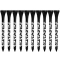 Pack of ten black bamboo golf spike dowel pins with skull print, showing 70mm and 83mm length options