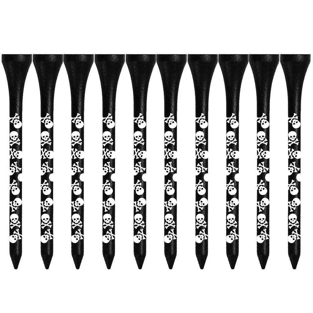 Pack of ten black bamboo golf spike dowel pins with skull print, showing 70mm and 83mm length options