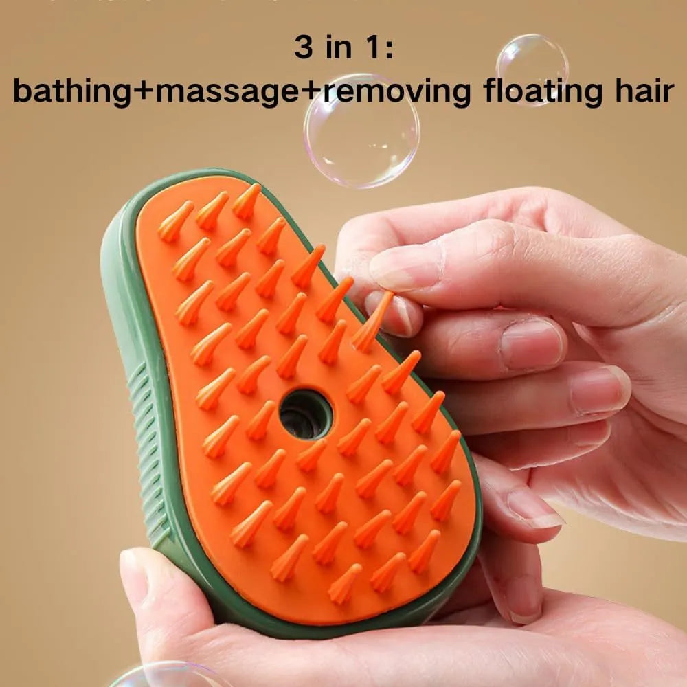 Green and white cat steam brush with water spray function and silicone massage teeth