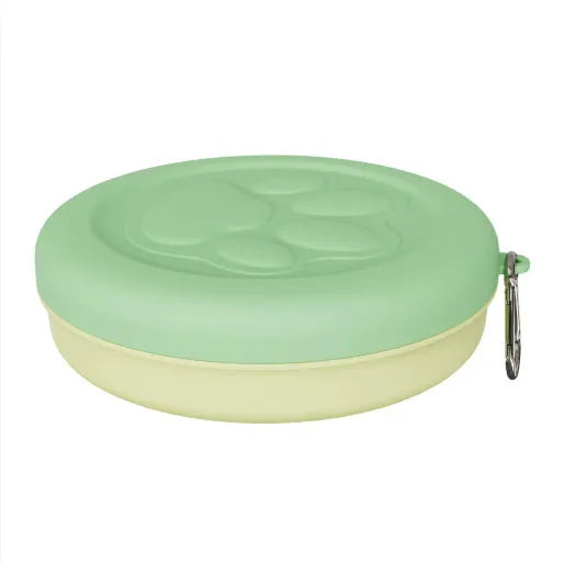 Portable dog food and water bowl shown in light pink and green, available in two-colour or single-colour design and S or L sizes.