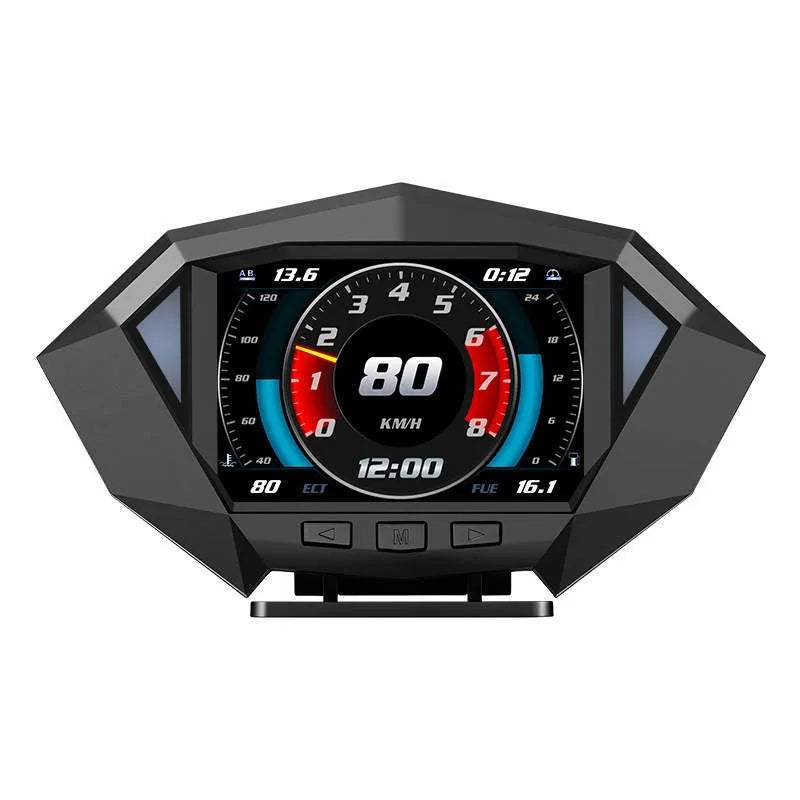 Black vehicle HUD display unit with LCD screen and OBD cable for dashboard installation