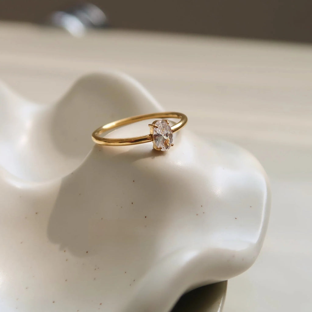 Golden stainless steel ring showing love heart and oval shape options, displayed next to size markers 5, 6, 7, 8.