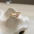 Golden stainless steel ring showing love heart and oval shape options, displayed next to size markers 5, 6, 7, 8.