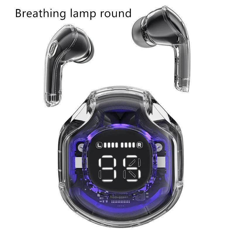 Transparent warehouse wireless Bluetooth headset in white, black, pink, sky blue, or violet with optional breathing light
