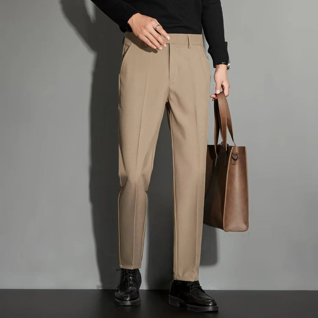 Men's straight ankle-length suit pants in a chemical fibre blend fabric, shown in multiple colours.