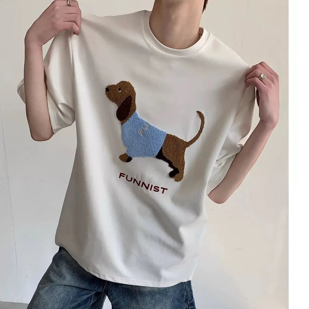 Men's grey cotton T-shirt with embroidered sausage dog design on front, round neck and short sleeves