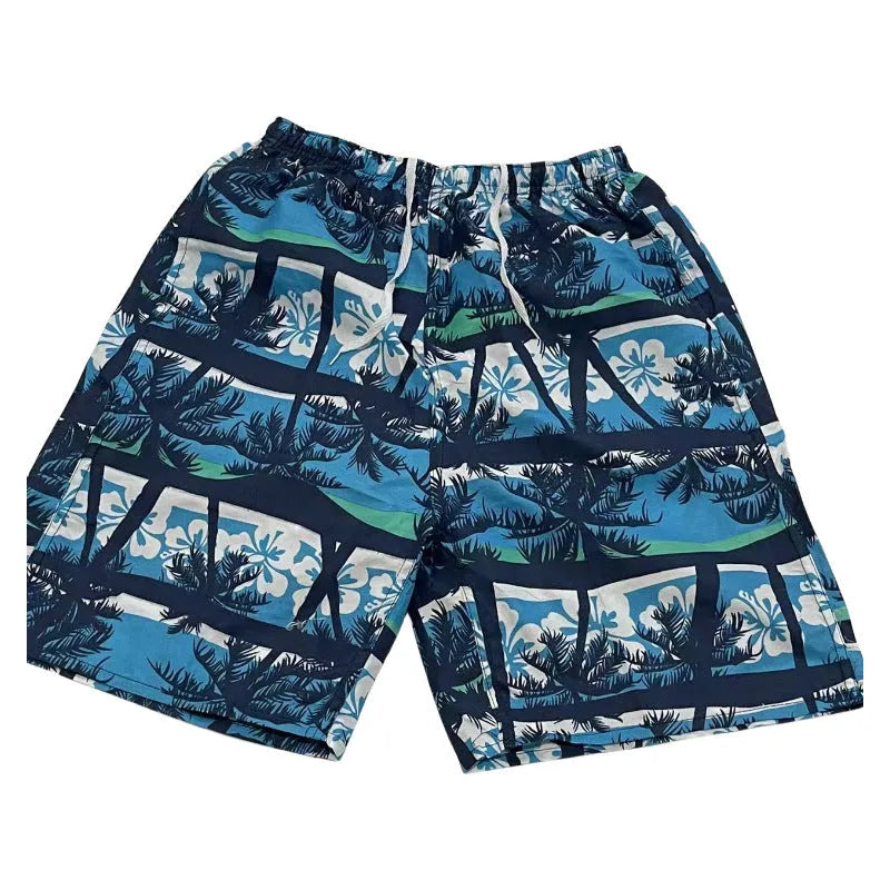 Men's casual floral print five-point swimming trunks made from polyester fabric.