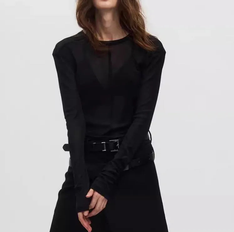 Black women's slim-fit pullover with mesh see-through texture and long sleeves.