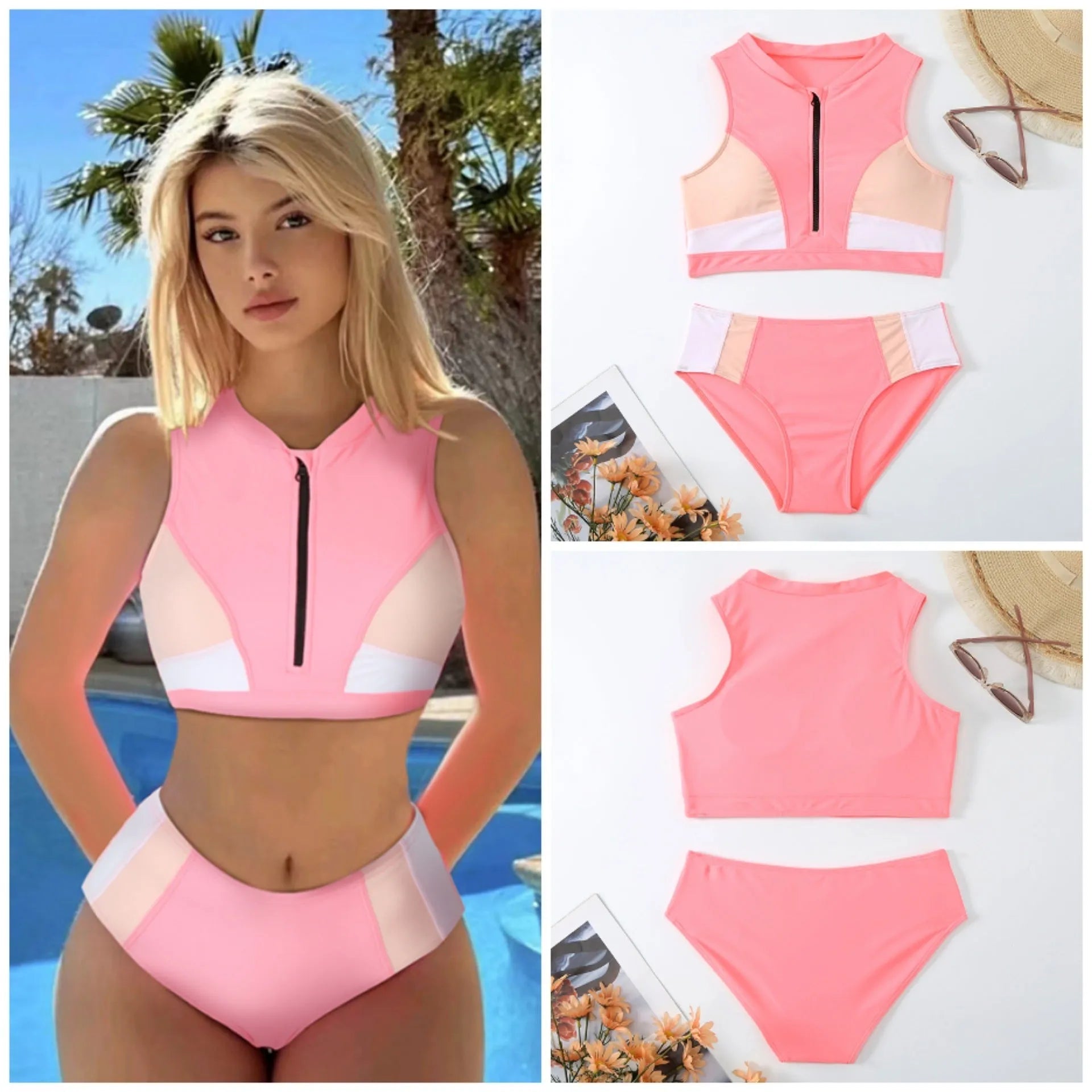 Pink high-waist bikini set with matching bra and shorts on neutral background