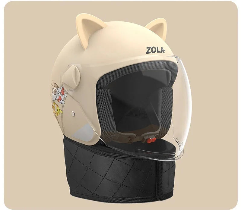 Blue electric bike helmet with attached winter scarf and a clear anti-fog visor