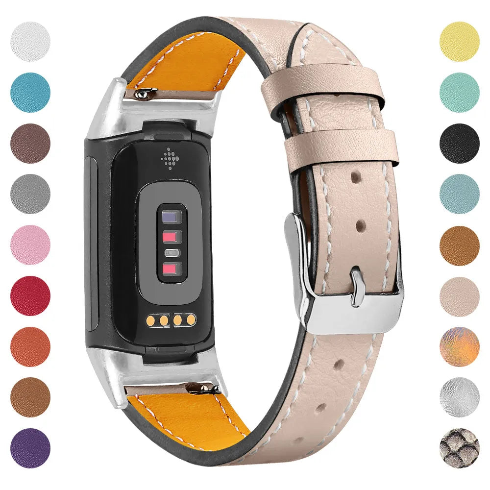 Genuine brown leather watch strap for Fitbit Charge 5 and Charge 6 smartwatches.