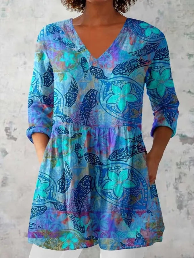 Women's retro slim fit printed long-sleeved top in a selected colour style.