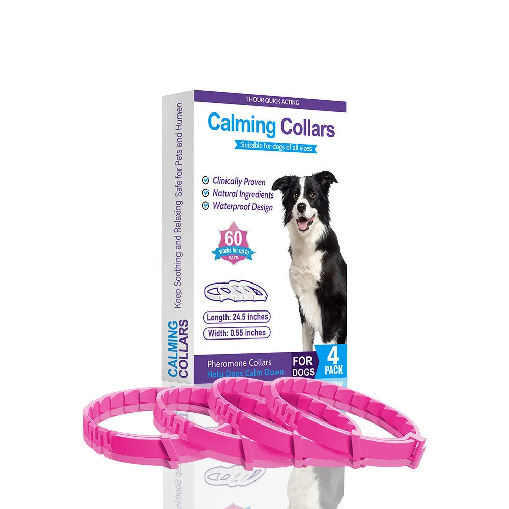 Four dog anxiety relief collars in different colours, showing Chinese style design and TPR material.