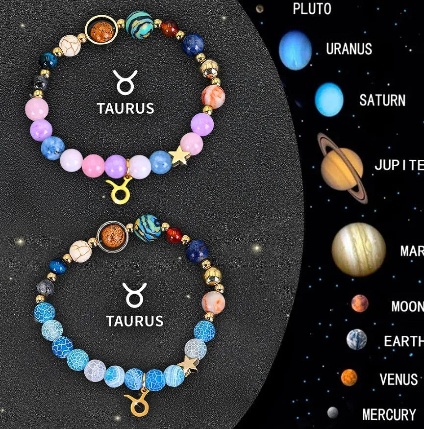 Set of twelve natural stone beaded bracelets with individual zodiac charms for each horoscope sign