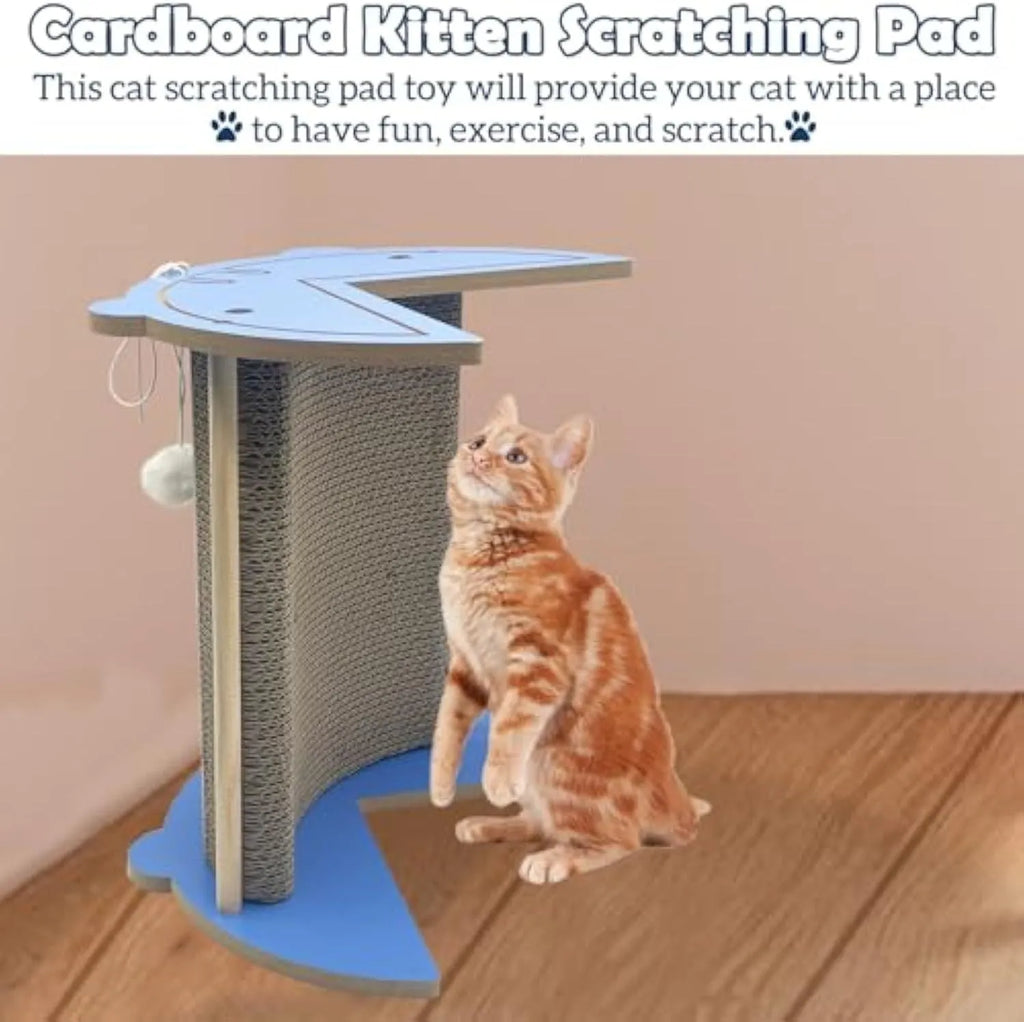 Dark grey vertical cat corner scratching pad with hanging ball on a cardboard surface.