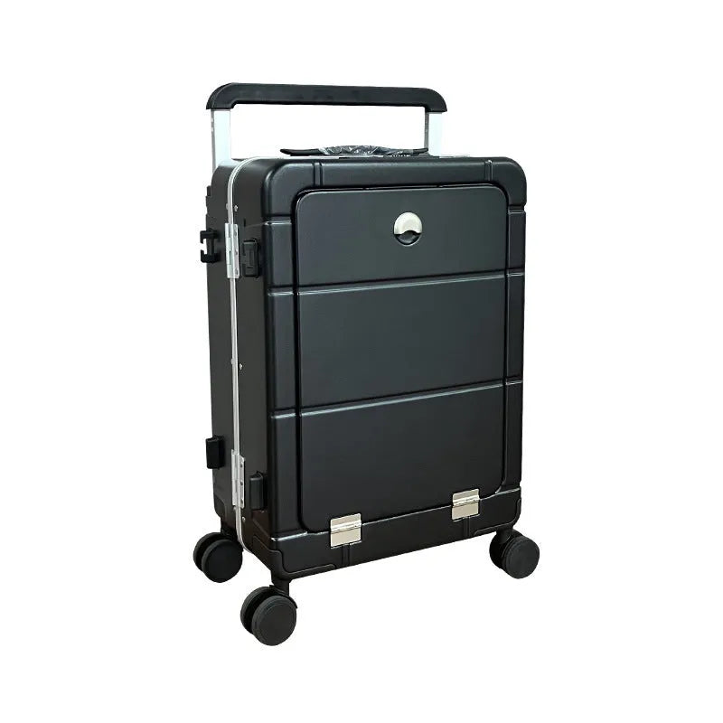 Front opening 20-inch cabin suitcase in titanium silver colour showing separate compartment and universal wheels