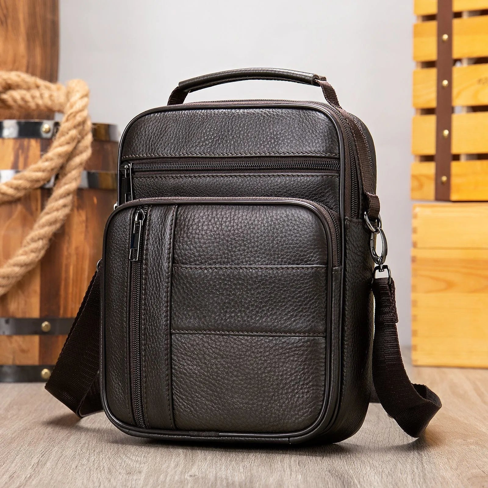 Men's vintage genuine leather cowhide shoulder bag in vertical square shape with zipper opening