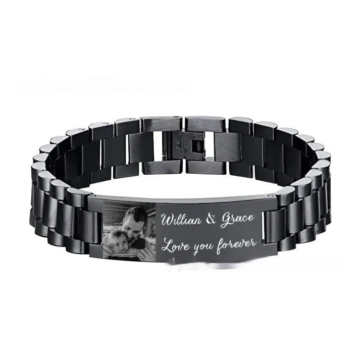 Titanium steel men's bracelet with curved heart-shaped lettering piece in gift box