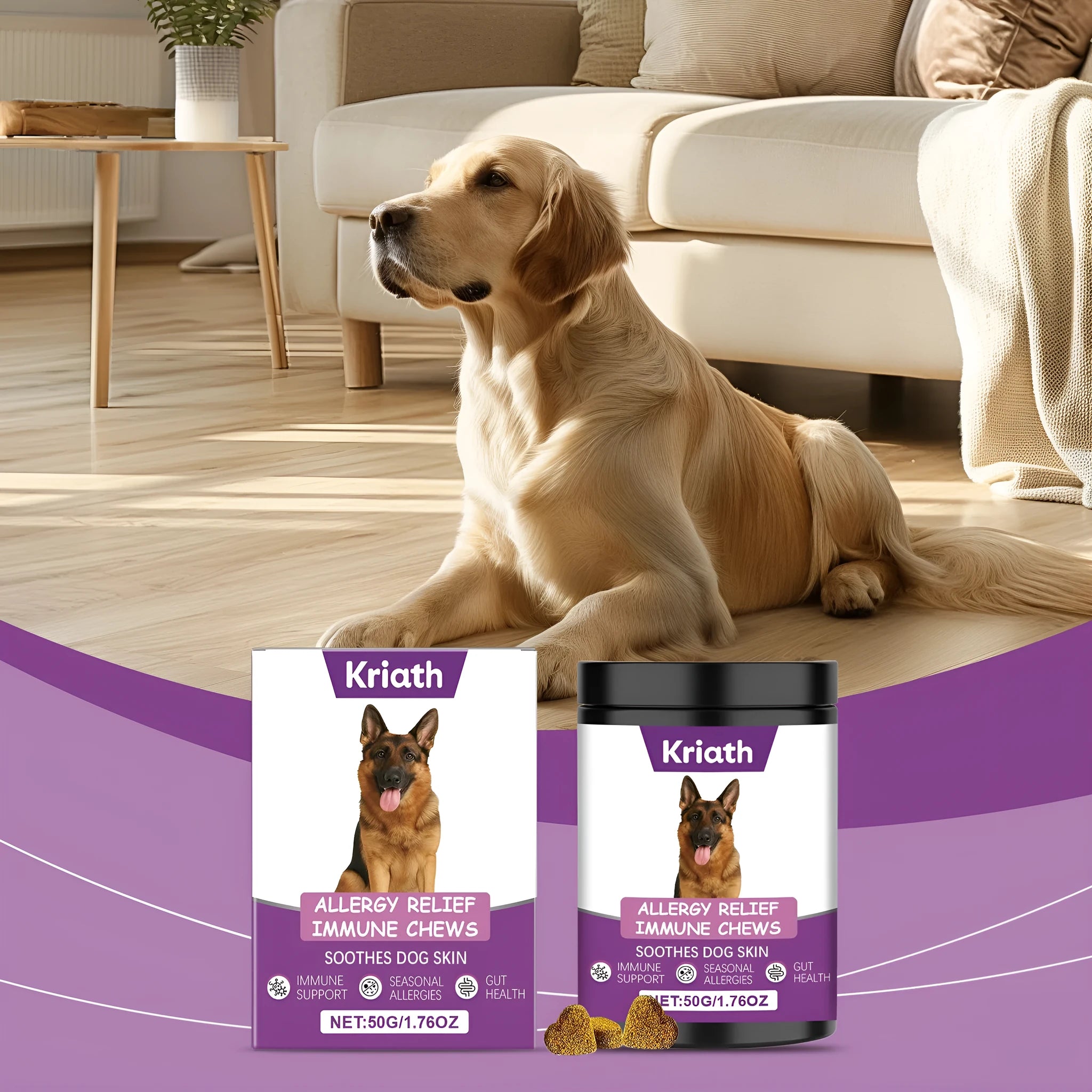 Allergy Relief Immune Chews 50g pet supplement pack with dog table