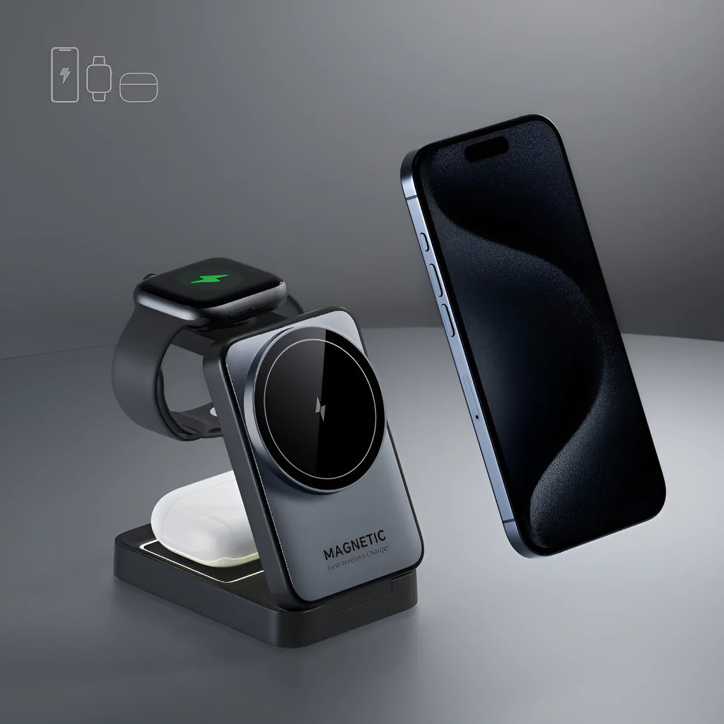 Folding magnetic three-in-one wireless charger in white ABS PC with phone watch and earbuds charging positions