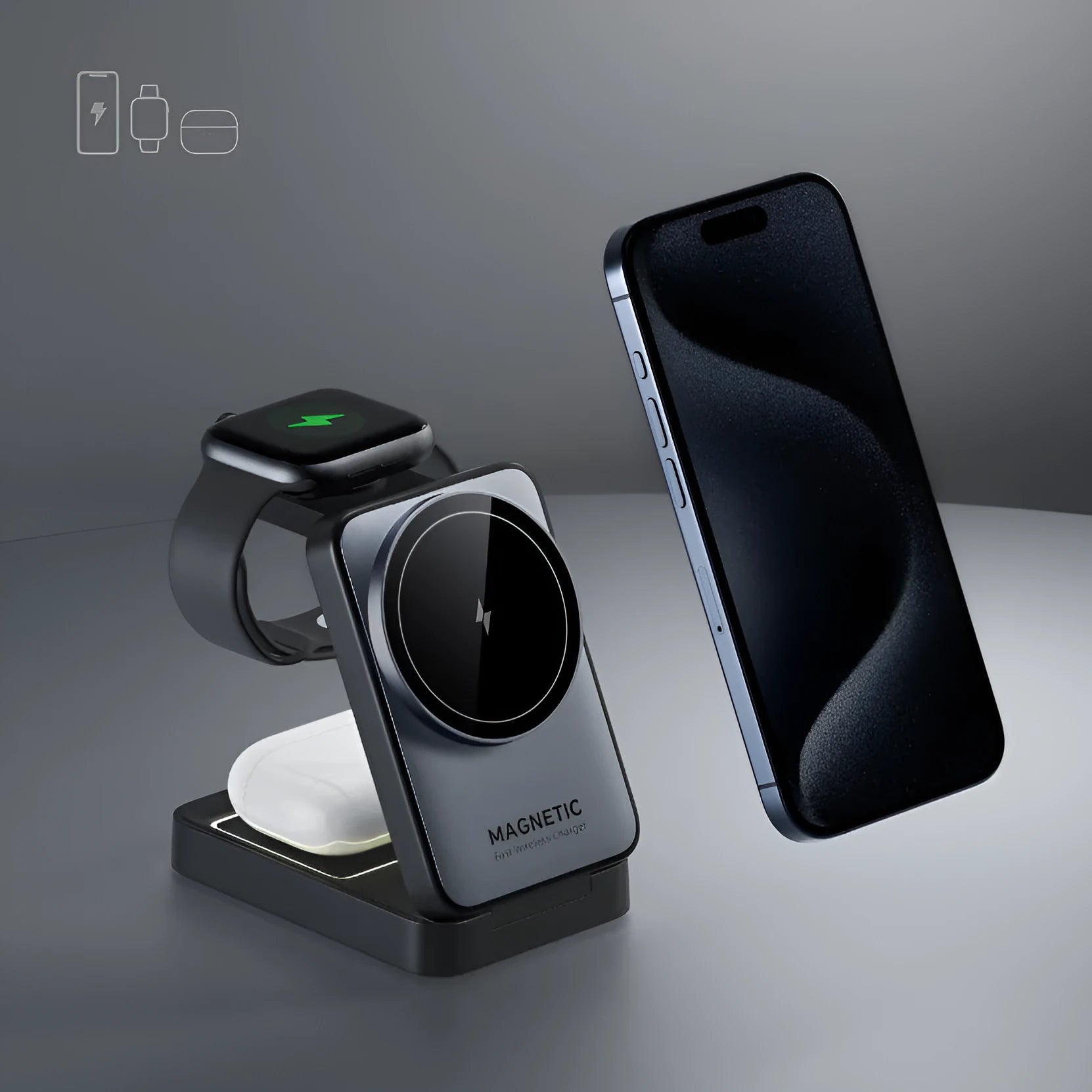 Folding magnetic three-in-one wireless charger in white ABS PC with phone watch and earbuds charging positions