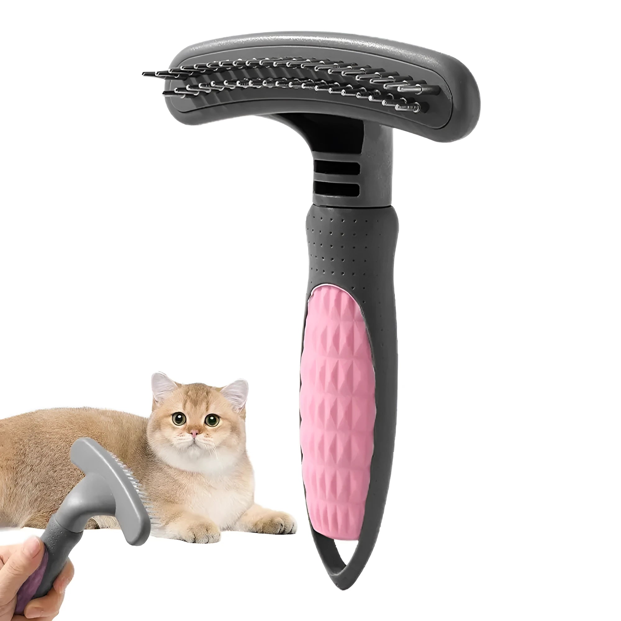 Pet grooming comb for cats and dogs with pink handle and stainless steel teeth