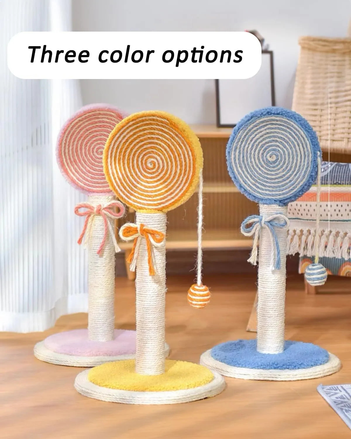 Blue cat scratching post with natural sisal rope, hanging ball, and wide heavy-duty base.