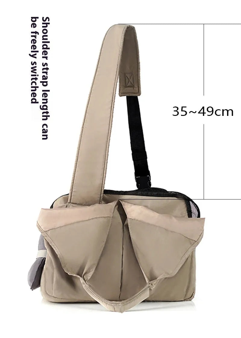 Apricot pet carrier bag with adjustable shoulder strap and side ventilation panels