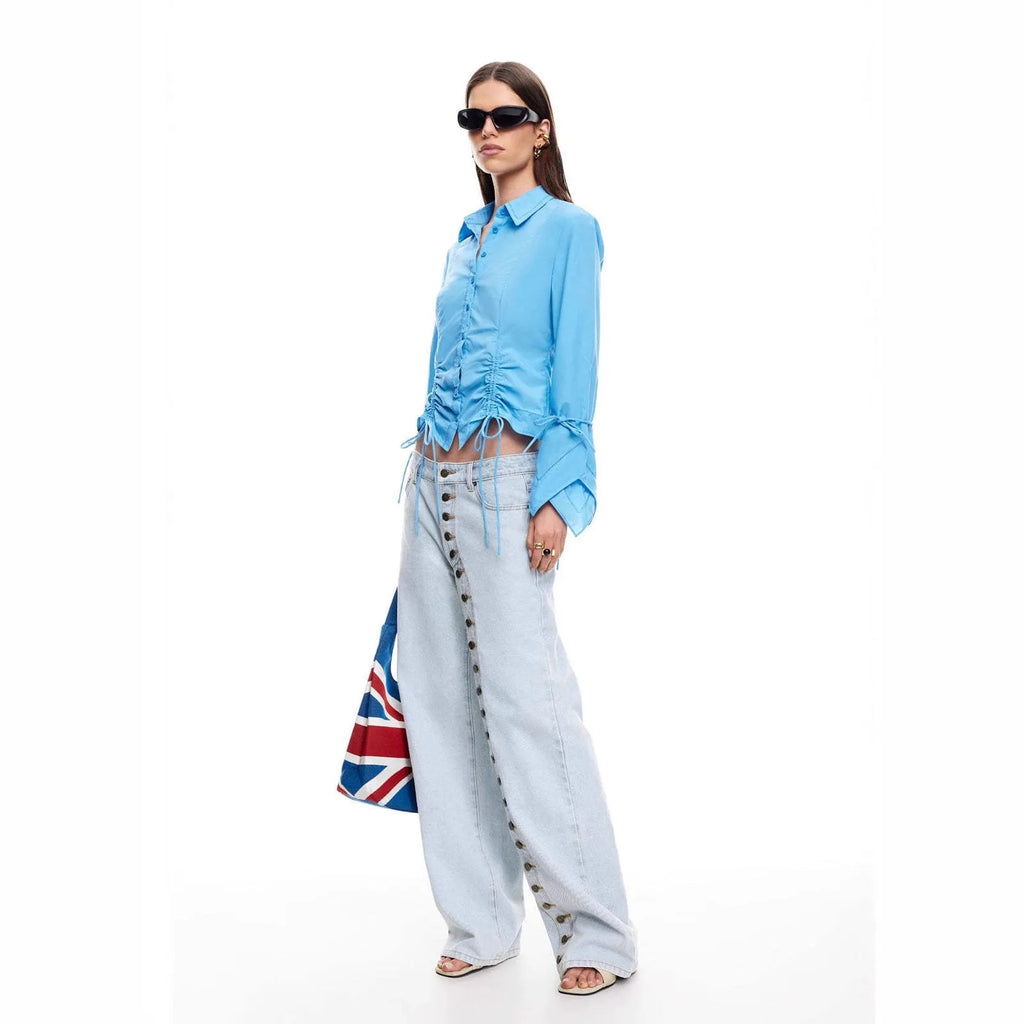 Women's blue multi-button low-waist straight-leg stone-washed denim jeans