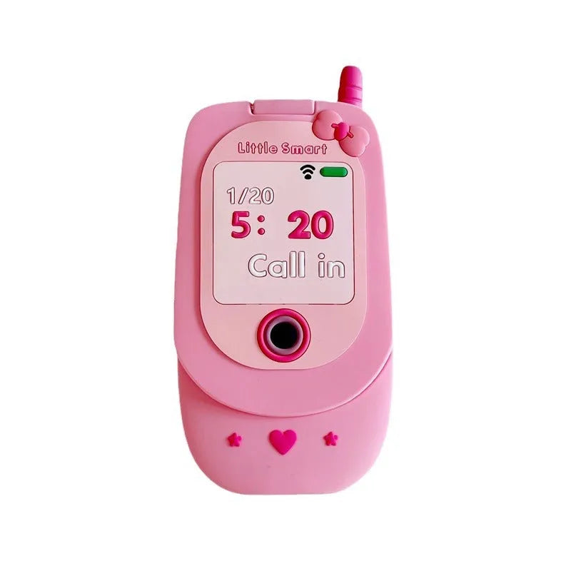 Pink silicone flip phone case open to show built-in mirror and iPhone compatibility.