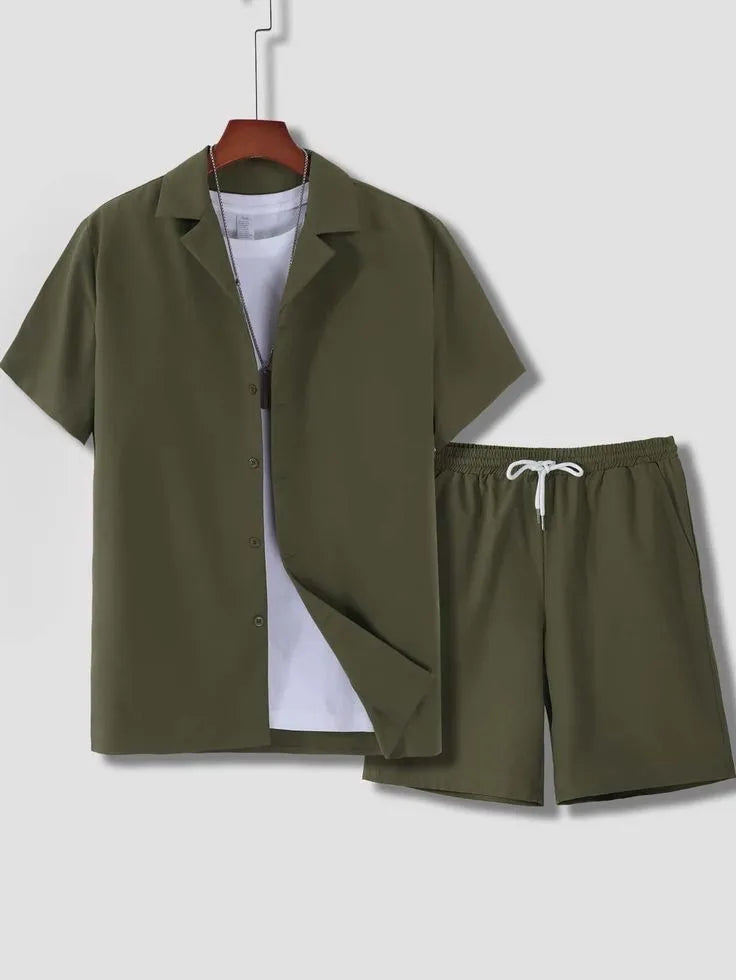 Men's white short sleeve Cuban collar sport shirt and matching shorts laid flat.