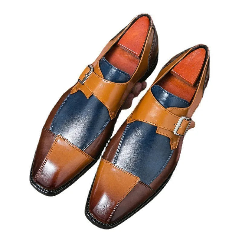 Men's British retro style buckle leather casual shoes in tall crown design with microfiber upper