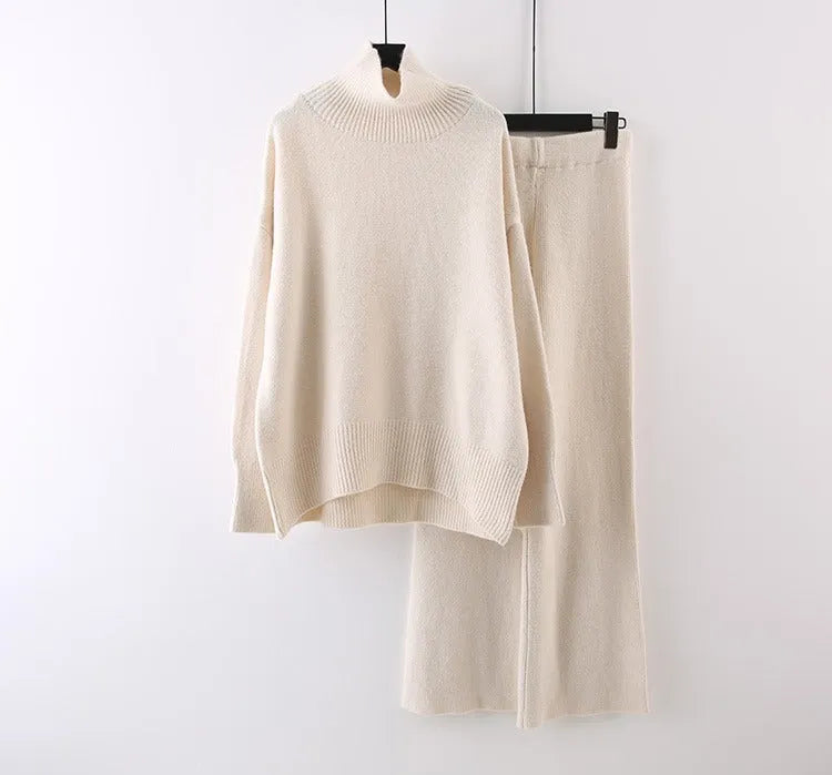 Women's casual acrylic sweater and wide leg trousers two-piece set in solid colour