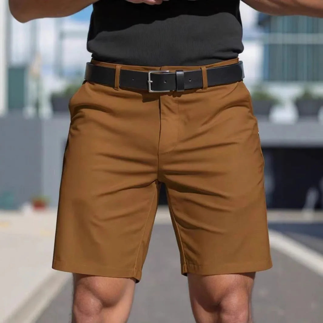 Men's solid colour straight-leg polyester shorts, fifth pants length with micro-elastic fabric