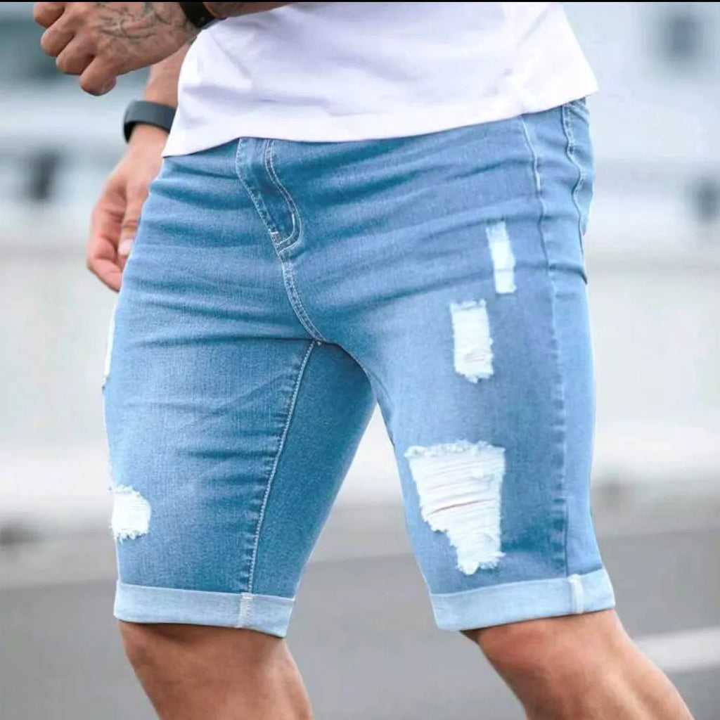 Sky blue denim shorts for men with multi-hole design and low waist straight cut