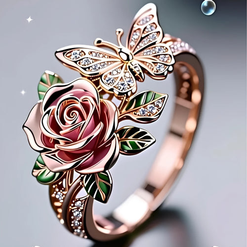Adjustable butterfly ring with colourful oil-drip effect showing floral and insect details