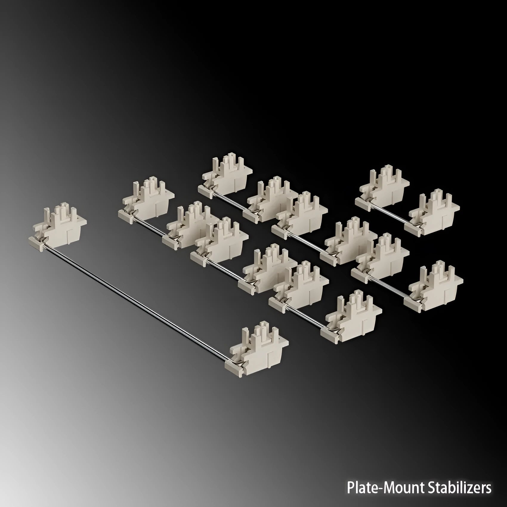 Mechanical keyboard stabiliser accessories set showing black and milky white satellite shafts for 6.25U and 7U spacebars