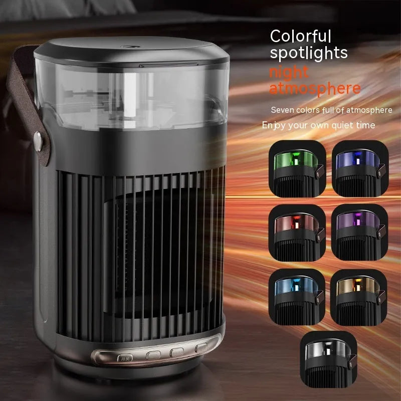 Black portable PTC space heater with built-in humidifier unit on a desk