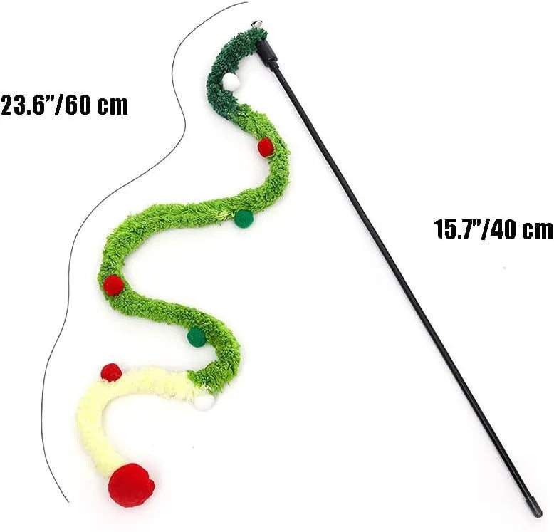 Interactive cat wand toy with blue plush strip, colourful fluffy ball and bell on 41cm pole