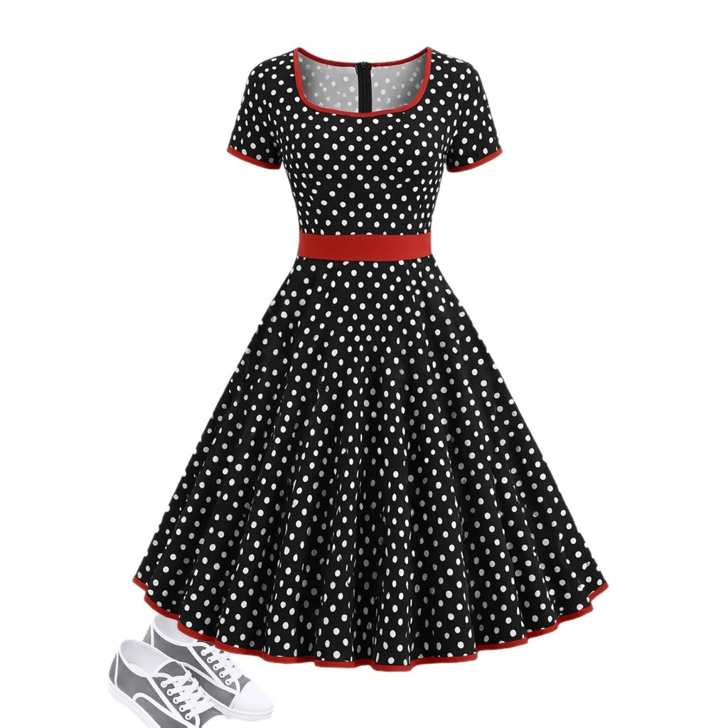Women's multicolour polka dot midi dress with square collar and front zipper closure