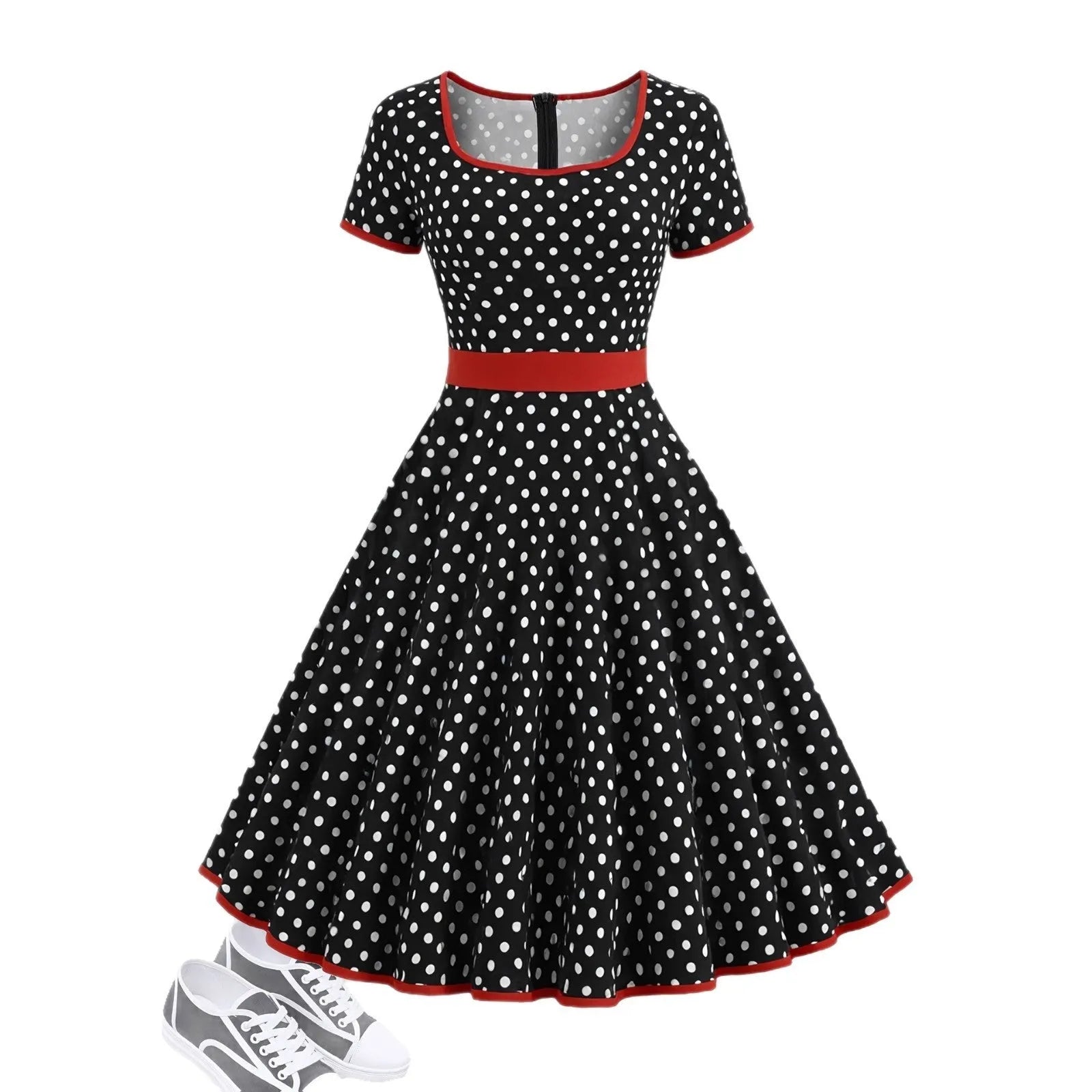 Women's multicolour polka dot midi dress with square collar and front zipper closure