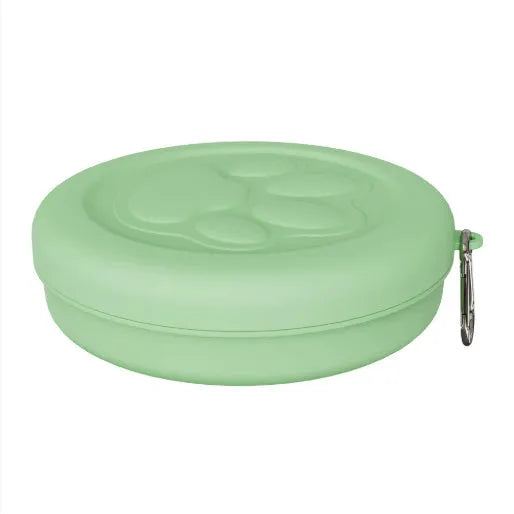 Portable dog food and water bowl shown in light pink and green, available in two-colour or single-colour design and S or L sizes.