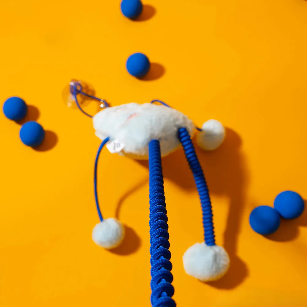 Blue telescopic elastic plush cat toy with mint bell measuring 30x30cm