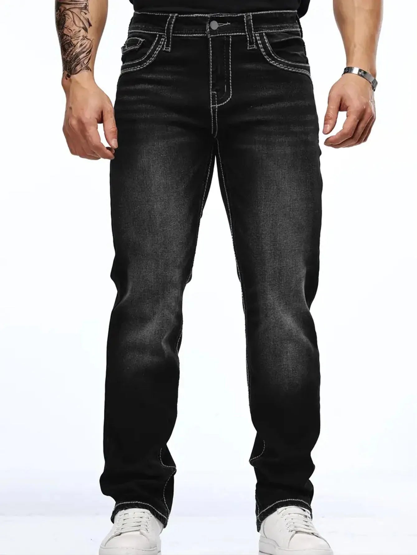 Black stretch slim fit straight leg men's trousers on hanger