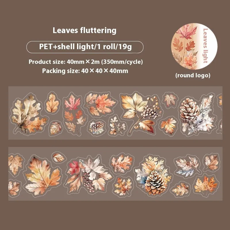Roll of Deciduous Poetry Series 40mm wide decorative PET stickers showing six leaf designs including ginkgo and maple.