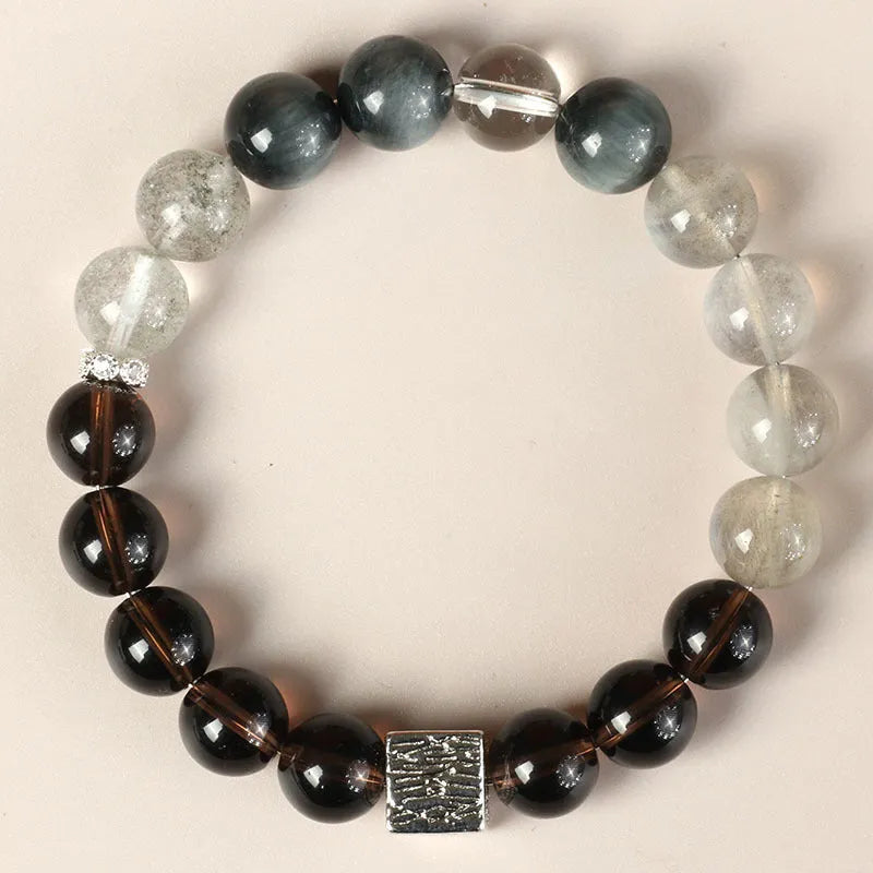 Khaki crystal couple bracelets with 10mm geometric beads in Chinese style design
