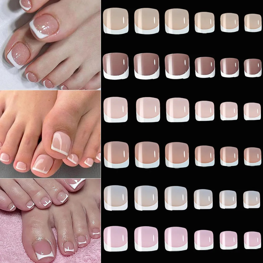 120-piece box of full square short French white tip nude press-on toenails in assorted shades