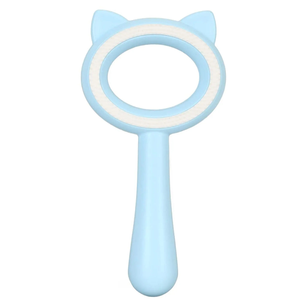 Blue and white double-sided pet grooming brush for cats and dogs on a white background.