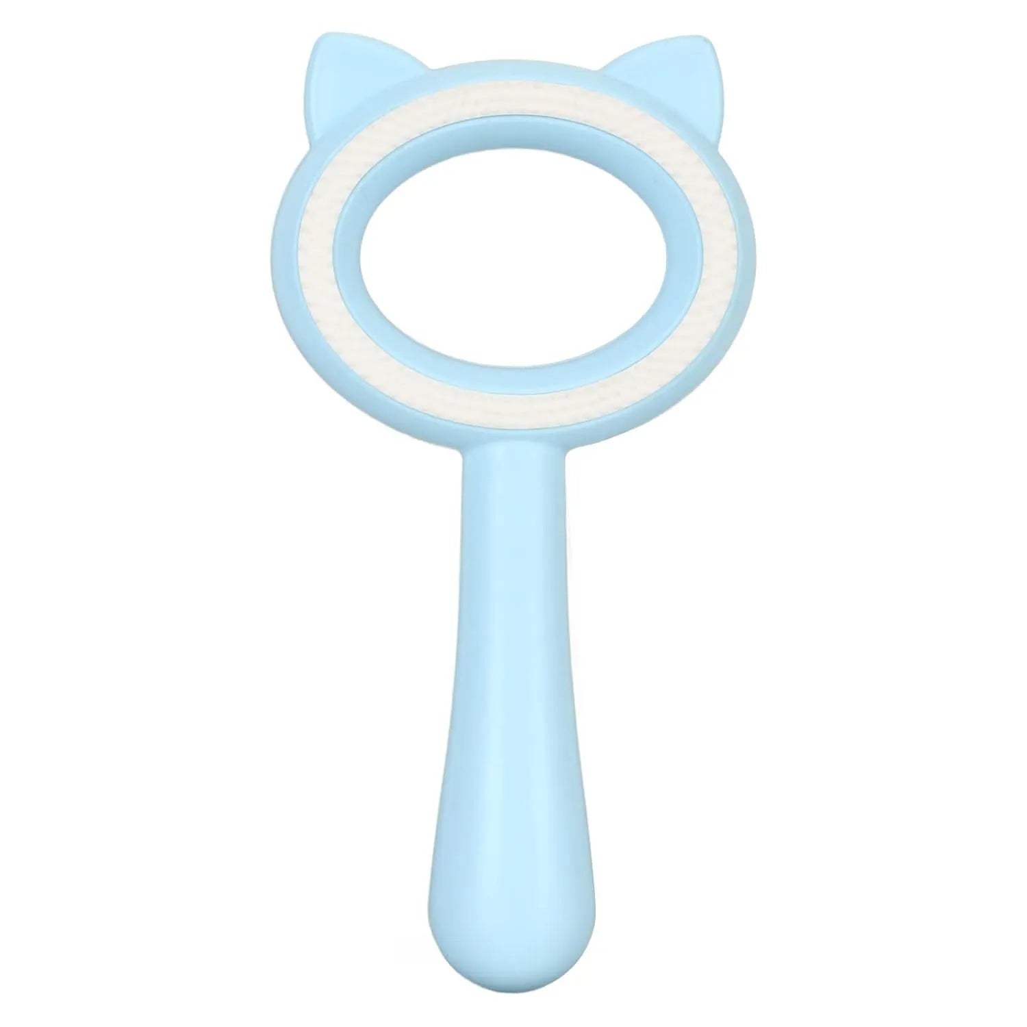 Blue and white double-sided pet grooming brush for cats and dogs on a white background.