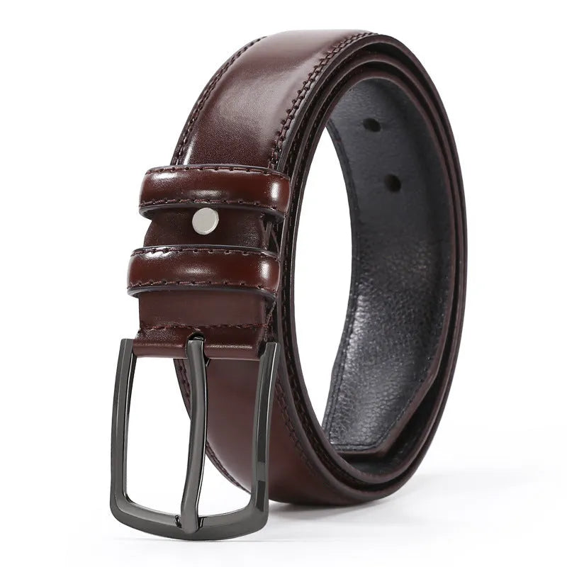 Men's black imitation leather business belt with an alloy pin buckle and laser logo elephant pattern.